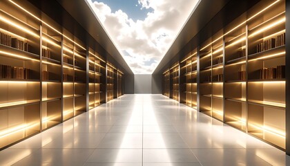 Modern Architectural Library Interior with Bookshelves and Sky View