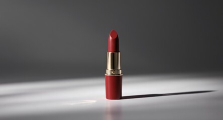 A deep crimson lipstick stands on a light surface, bathed in studio light