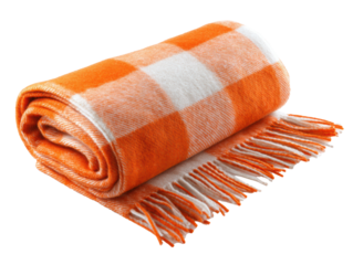 Cozy orange checkered blanket for autumn evenings and picnics on a transparent background, cut out