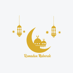 Golden crescent moon with mosque and lanterns for ramadan mubarak