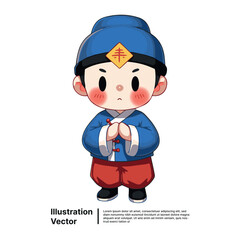 Cute cartoon boy in traditional Chinese costume making a greeting gesture for the Lunar New Year