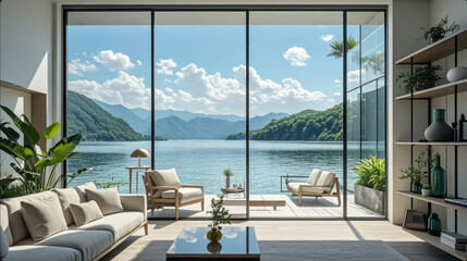 Fototapeta premium Modern Living Room with a Seascape and Floor-to-ceiling Window for an Interior Home Design