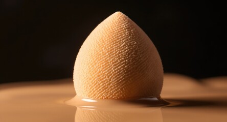 A light peach-tan makeup sponge, teardrop shape, rests atop a pool of liquid foundation