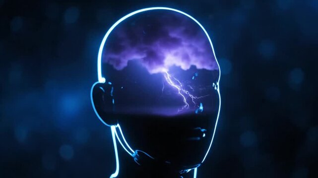 Abstract illustration of a human head silhouette with a stormy, lightning-filled brain symbolizing powerful thoughts and mental activity.