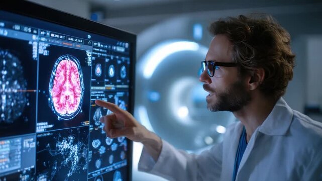 Neuroscience Insights: A focused medical expert scrutinizes a high-tech brain scan, showcasing groundbreaking advancements in the field of neuroscience