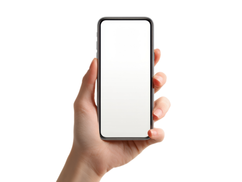 Hand holding a smartphone with blank screen for creative design on a transparent background, cut out
