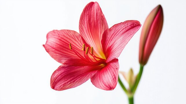 A single pink lily with a green stem against a white background.