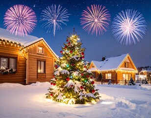A snowy Christmas scene at night, with a decorated Christmas tree and fireworks in the background.  Houses are visible with warm lighting