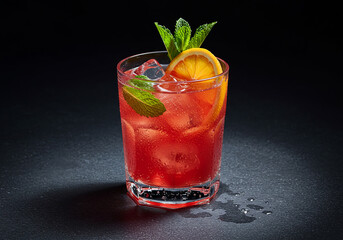 A vibrant red cocktail on the rocks, garnished with orange and mint