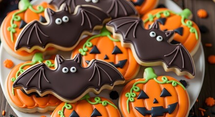 A festive plate of Halloween sugar cookies decorated as jack-o'-lantern pumpkins and spooky bats with googly eyes.