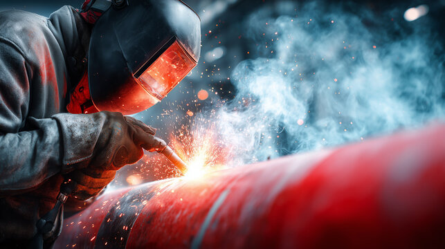 Welder joining large sections of red pipe in a factory