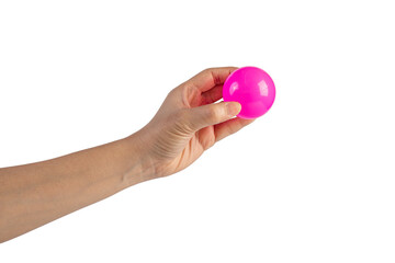 Pink plastic ball in hand, transparent background