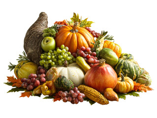Naklejka premium Autumn harvest celebration with colorful fruits and vegetables on a transparent background, cut out