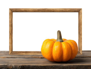 Autumn harvest with fresh pumpkin in wooden frame on rustic table on a transparent background, cut out