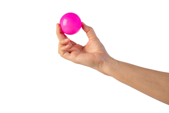 Pink plastic ball in hand, transparent background