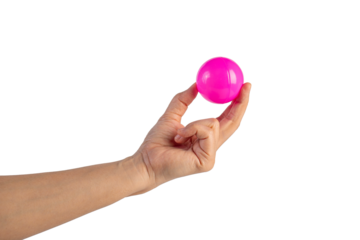 Pink plastic ball in hand, transparent background