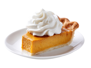 Pumpkin pie slice with cream on a plate for dessert enjoyment on a transparent background, cut out