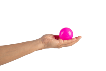 Pink plastic ball in hand, transparent background