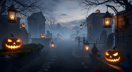 A spooky Halloween scene in a graveyard with jack-o'-lanterns and lanterns casting an eerie glow.