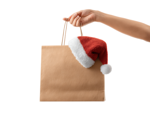 Holiday shopping bag with Santa hat for festive season on a transparent background, cut out - Powered by Adobe