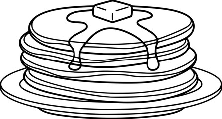 a stack of pancakes with butter on a plate, black and white line drawing