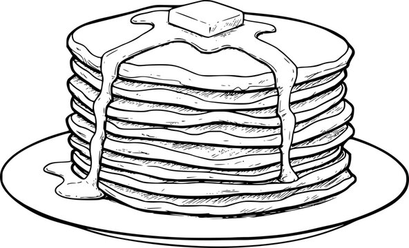 a stack of pancakes with butter on a plate, black and white line drawing