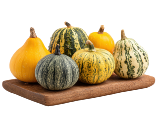 Colorful assortment of decorative gourds on wooden cutting board on a transparent background, cut out