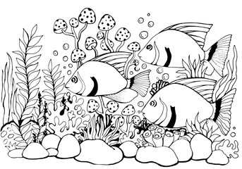 Hand-Drawn Underwater Scene – Striped Fish, Mushrooms, and Coral Line Art for Kids