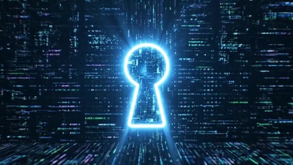 Glowing neon keyhole symbol illuminates a digital data stream background, representing cybersecurity and access. - Powered by Adobe