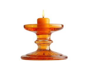 Elegant orange candle holder with lit flame for cozy ambiance on a transparent background, cut out