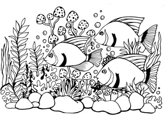 Hand-Drawn Underwater Scene – Striped Fish, Mushrooms, and Coral Line Art for Kids