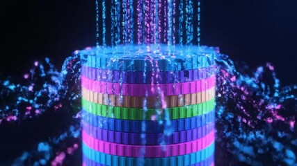 Vibrant colorful digital data streams pour onto a layered cylindrical server, representing information flow and technology. - Powered by Adobe