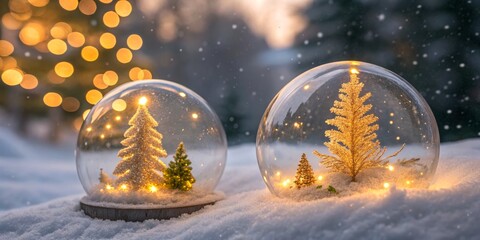 Two christmas snow globes with miniature trees and lights sitting on a snowy surface outdoors scene