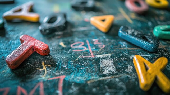 A colorful array of wooden letters scattered on a chalkboard with mathematical equations and scribbles.