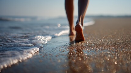 Close-up of bare feet walking on a shimmering sandy beach with gentle ocean waves in the background at sunset.