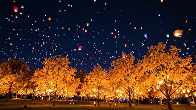 Countless luminous sky lanterns drift upwards into the deep blue night sky, casting a warm, enchanting glow over a line of brightly lit autumn trees.