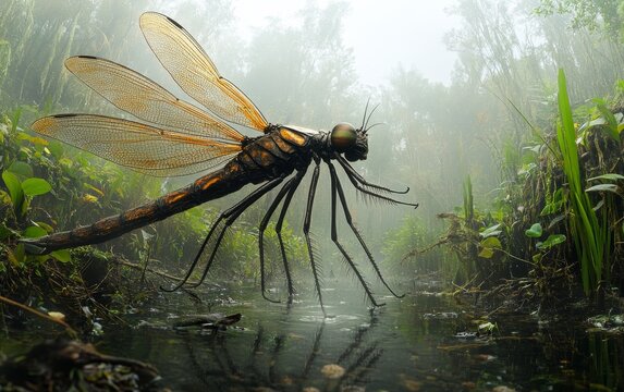A massive Meganeura dragonfly emerges from the dense, primeval forests, its magnificent golden wings reflecting the dappled sunlight as it takes flight over the untamed, prehistoric landscape