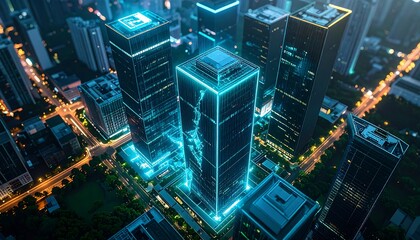 Modern City Buildings Illuminated Aerial View at Night