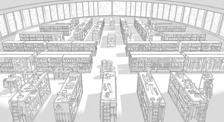 Photo of abstract architectural sketch of a futuristic city with rows of buildings and a central pathway, rendered in a minimalist black and white line art style with a textured, dotted pattern