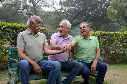 Indian happy retired elderly friends fun and bonding outdoors at park. Indian Asian old people having fun and spending time together, concepts about elderly, seniority, wellness aging and fun together