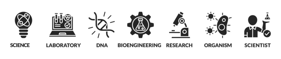Biotechnology concept Vector Illustration. Horizontal banner. Contains icons bioengineering, DNA, Research, Science, laboratory