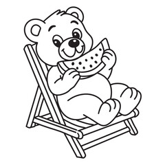 line art of a cartoon bear sits on a beach chair eating watermelon vector