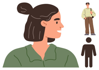 Fototapeta premium Side profile of a smiling brunette woman in a green shirt with bun hairstyle, accompanied by a stylish casual-dressed male figure and a simple human silhouette figure. Ideal for diversity, lifestyle