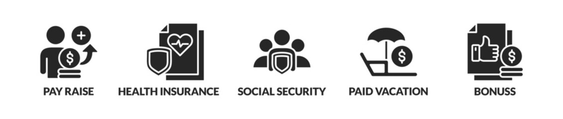 Employee Benefits. Pay Raise, Health Insurance, Social Security, Paid Vacation, Bonuses and Benefit Vector Icon Concept