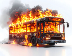 Burning Bus: A dramatic scene unfolds as a city bus is engulfed in flames and smoke, evoking a sense of urgency and disaster. The inferno lights up the surrounding environment.
