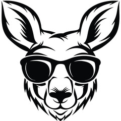 Monochrome kangaroo head wears dark glasses with a serious expression, staring intently forward