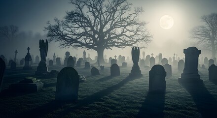 A spooky, foggy graveyard at night with a full moon and silhouetted trees and tombstones.