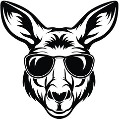Monochrome kangaroo head with cool sunglasses illustrates a stylish and unique marsupial character
