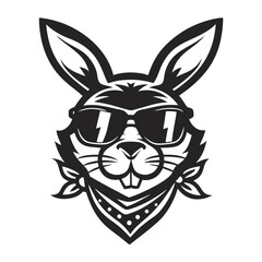 Monochrome rabbit head art sporting sunglasses and a bandana in front view appears cool