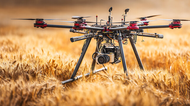 A drone equipped with a camera is positioned in a golden wheat field, ready for aerial photography or agricultural monitoring.
